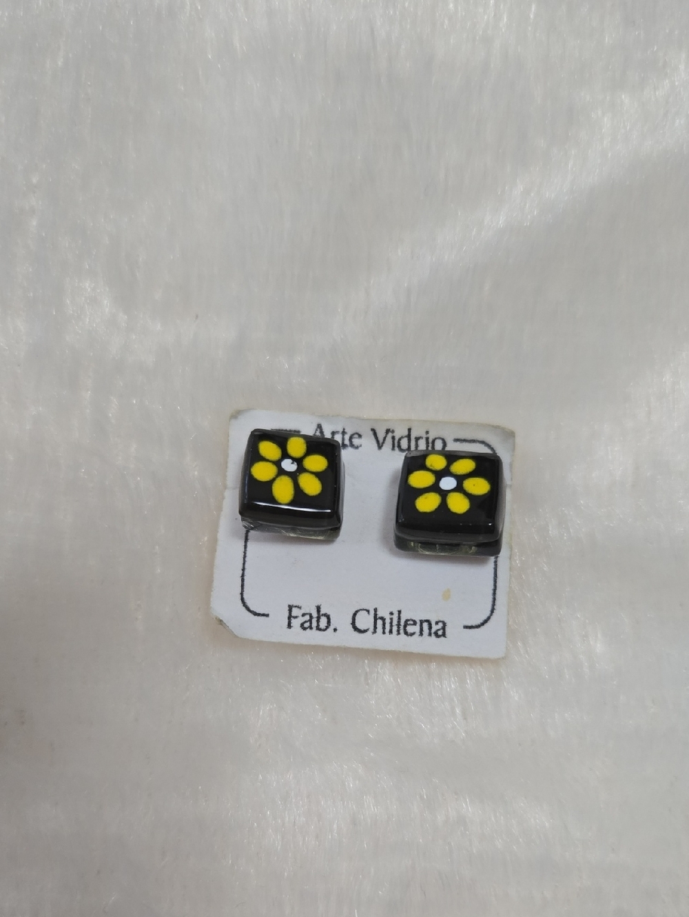 Black Glass Square Earrings with Yellow Flower Accent